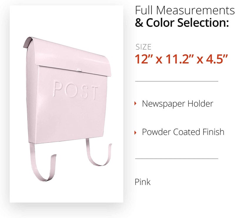 NACH Mailboxes for Outside Wall Mount, 12 x 11.2 x 4.5 inch, Pink Wall Mounted Mailbox, Waterproof Mailbox with Outdoor Newspaper Holder - The Euro Mailbox - Image 2
